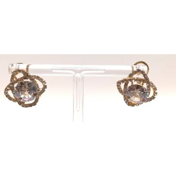 Vintage Gold-Tone Clip-On Earrings With Large Round Clear Rhinestones & Pave Set - Picture 6 of 8